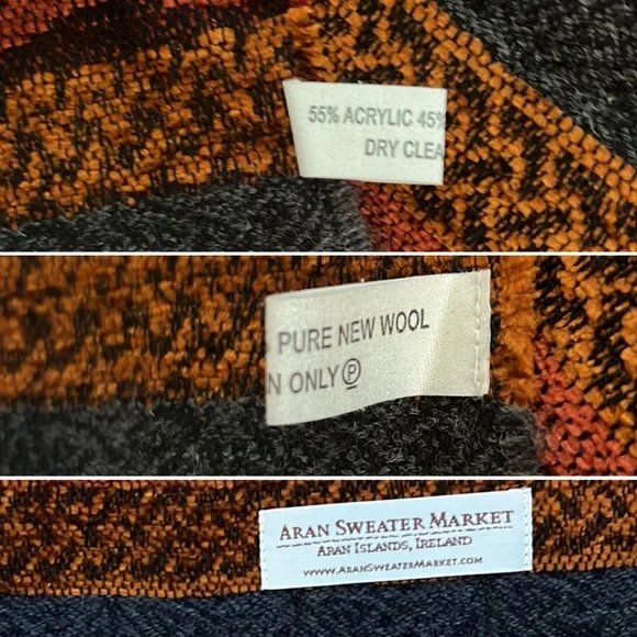 🐑 🇮🇪Unisex Charcoal/Red/Orange Woven Scarf Wool Blend Fringed Scarf 15”W x 63”L - Picture 10 of 17